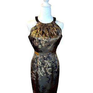 Tahari Olive Green, Gold and Black Sheath Dress, Midi, Racerback